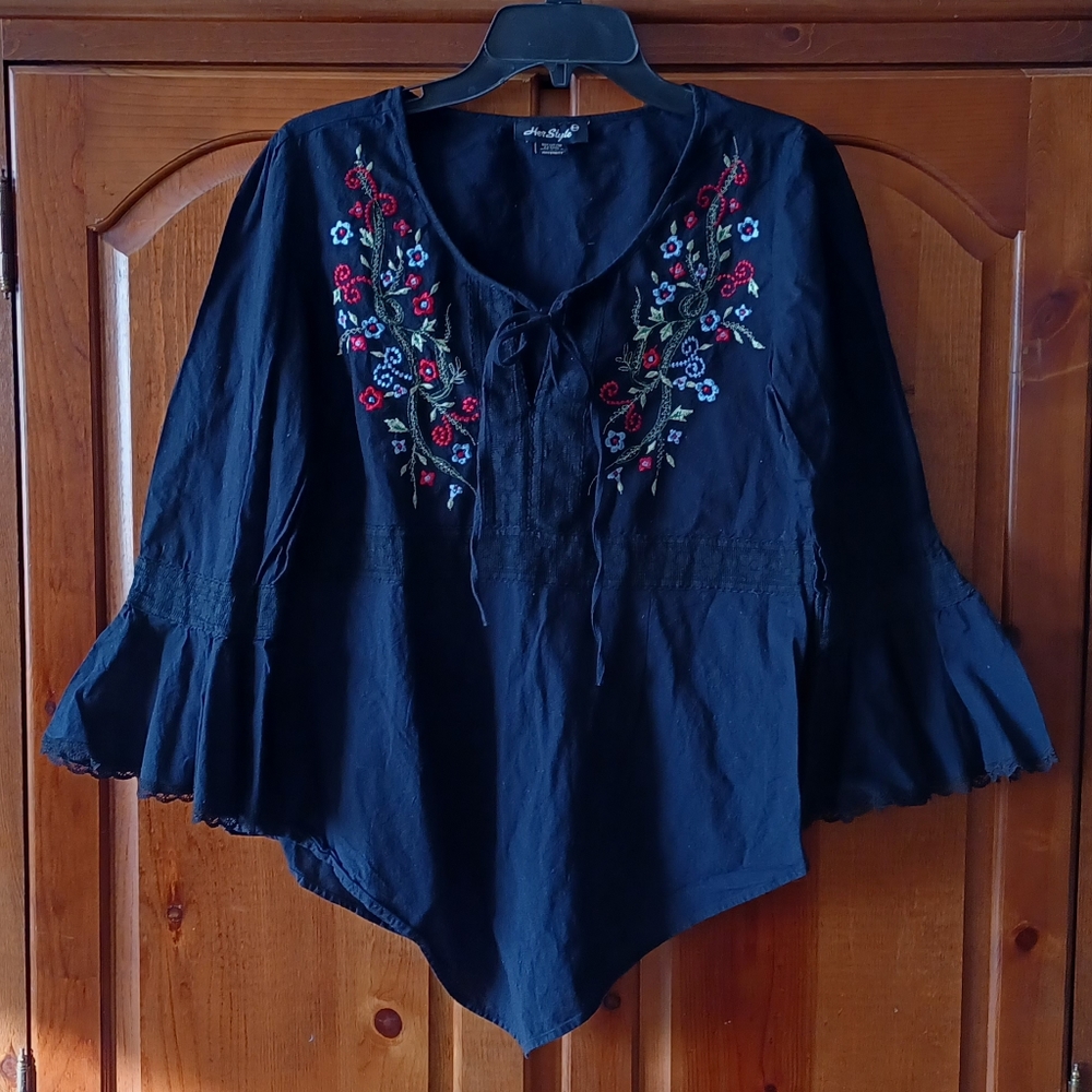 Women's Her Style Embroidered Maternity Blouse - Black Multi (Large)